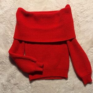 Red Off-the-Shoulder Ribbed Sweater